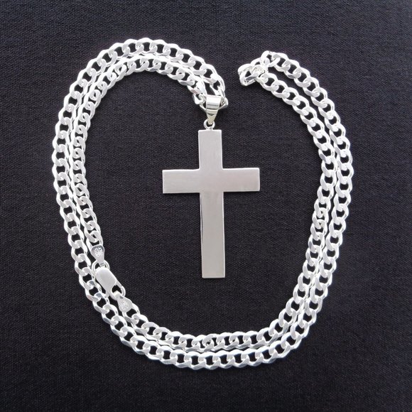 Flat Cross Necklace, 925 ITALY SOLID Sterling Silver Cross Pendant Curb Chain - Picture 3 of 5